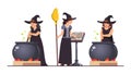 Three witches set. Stirring poison brew potion Royalty Free Stock Photo