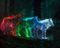 Three wolfs in the forest with glowing lights Royalty Free Stock Photo