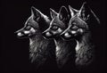 Three wolves on a black background. Generative AI.