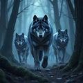 Three wolves walk through a dark, misty forest path. The lead wolf with bright glowing eyes leads the pack. They move silently, Royalty Free Stock Photo