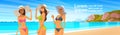 Three Woman In Bikini On Beach, Girls Wear Hat On Summer Sea Vacation Royalty Free Stock Photo