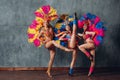 Three Woman in cabaret costume with colorful feathers plumage