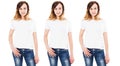 Three woman in white t-shirt mock up isolated on white background, girl in blank empty t shirt various