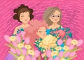 Three women with bouquets on a background of flowers, greeting card design, vector cartoon style illustration. Royalty Free Stock Photo