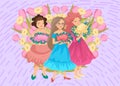 Three women with bouquets on a background of flowers, greeting card design, vector cartoon style illustration.