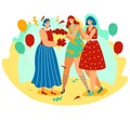 Three women celebrating, one receiving gifts and flowers at a festive party with balloons. Joyful friends partying with