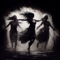 Three women dancing in rain oil painting