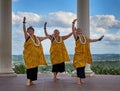 Three Women perform a traditional Pacific cultural dance outdoors near the Niederwald Memorial in Rudesheim, Germany
