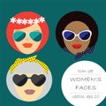 Three women are European, Asian, African American. Vector