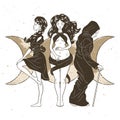 Three women figures, symbol of Triple goddess as Maiden, Mother and Crone, moon phases. Hekate, mythology, wicca, witchcraft.