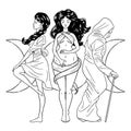 Three women figures, symbol of Triple goddess as Maiden, Mother and Crone, moon phases. Hekate, mythology, wicca, witchcraft.