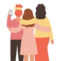 Three women hug, take selfie on the phone. View from the back. Cartoon female character. Concept of friendship, love, help between