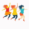 Three women jumping joyfully, expressing happiness freedom. Diverse female friends enjoying