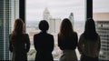 Three women looking out a window at a city. Generative AI image.