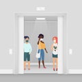 Three women in masks at elevator coronavirus character flat cartoon concept vector illustration