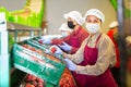 Three women in masks sorting peaches Royalty Free Stock Photo