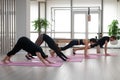 Three women and a man stand in the Downward Facing Dog pose. Group of people doing yoga. Royalty Free Stock Photo