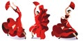 Three women in red dresses with fans dance flamenco. Royalty Free Stock Photo