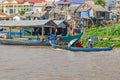 Three women rowing a long-tail boat along the banks of Tonle Sap