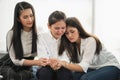 Three women are sad, crying They`re comforting their sad friends. They gradually encouraged me to overcome bad things Royalty Free Stock Photo