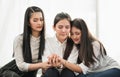 Three women are sad, crying They`re comforting their sad friends. They gradually encouraged me to overcome bad things Royalty Free Stock Photo