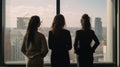 Three women standing in front of a large window. Generative AI image.