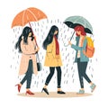 Three women walk together under rain, holding umbrellas, conversing, wearing casual clothing