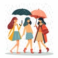 Three women walking under umbrellas during rain shower, wearing coats, displaying casual fashion