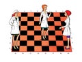 Three women in white coats uniforms on a chessboard. Medicine, pharmacy, staff. Service Relationships