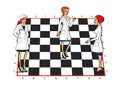 Three women in white coats uniforms on a chessboard. Medicine, pharmacy, staff. Service Relationships