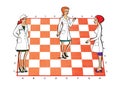 Three women in white coats uniforms on a chessboard. Medicine, pharmacy, staff. Service Relationships