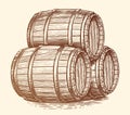 Three wood barrels for alcoholic beverages. Oak kegs with wine or beer. Hand drawn engraving style illustration