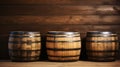 Three wooden barrels on wooden background in cellar of vinery. Generative AI Royalty Free Stock Photo