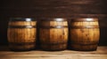 Three wooden barrels on wooden background in cellar of vinery. Generative AI Royalty Free Stock Photo