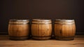 Three wooden barrels on wooden background in cellar of vinery. Generative AI Royalty Free Stock Photo