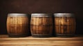 Three wooden barrels on wooden background in cellar of vinery. Generative AI Royalty Free Stock Photo