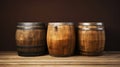 Three wooden barrels on wooden background in cellar of vinery. Generative AI Royalty Free Stock Photo