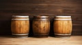 Three wooden barrels on wooden background in cellar of vinery. Generative AI Royalty Free Stock Photo