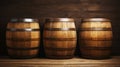 Three wooden barrels on wooden background in cellar of vinery. Generative AI Royalty Free Stock Photo