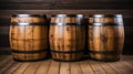 Three wooden barrels on wooden background in cellar of vinery. Generative AI Royalty Free Stock Photo