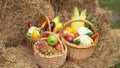 Three Wooden Baskets Full Of Yummy Fruit And Vegetables. Summer Diversity- Apples, Grapes, Cauliflower, Carrots