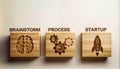 Three wooden blocks of Brainstorm, Process and Startup, having corresponding icon of a brain, gears and a rocket,
