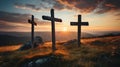 three wooden chrsitian crucifix crosses on hill at sunset Royalty Free Stock Photo