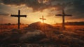 three wooden chrsitian crucifix crosses on hill at sunset Royalty Free Stock Photo