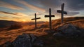 three wooden chrsitian crucifix crosses on hill at sunset Royalty Free Stock Photo