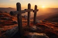 Three Wooden Crosses on Hill at Sunset Royalty Free Stock Photo