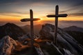 Three wooden crosses overlooking mountainous landscape at sunset Royalty Free Stock Photo