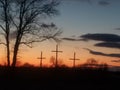 Three wooden crosses, sunset, majestic,
