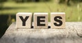 Three wooden cubes with word YES on white table, more in background, space for text Royalty Free Stock Photo