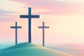 Three Wooden Easter Crosses Salvation Sacrifice Crucifixion Jesus Thieves Sunday Risen Morning Sunrise AI Generated